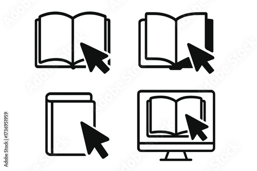 E-book and online reading icon set. Vector graphic elements for digital books, online store, and e-learning. Concept for digital library, online education, knowledge access.