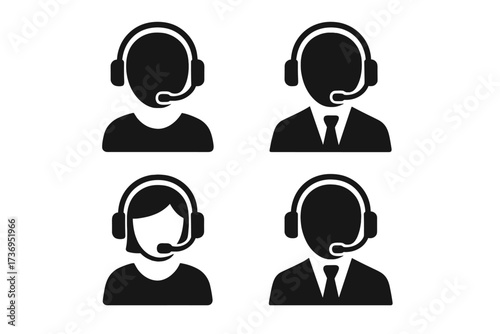 Call center customer support operator icon set. Vector graphic elements of male and female assistants in headsets. Telemarketing agent, helpdesk and service silhouette symbols.