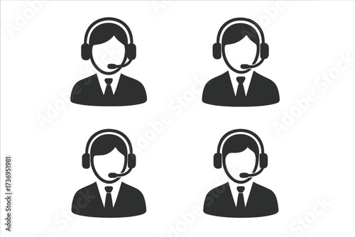 Call center operator icon set. Customer support agent with headset pictogram. Service helpdesk consultant symbol. Telemarketing assistant avatar for contact us or hotline.