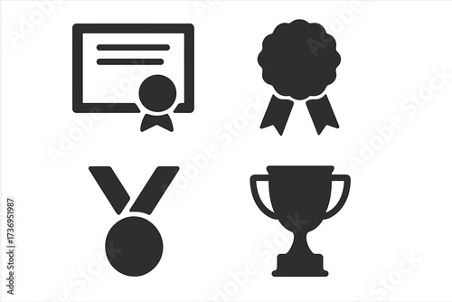 Award and success icon set. Vector graphic elements including certificate, diploma, medal, trophy and prize ribbon. Concept for achievement, victory, winner and competition.