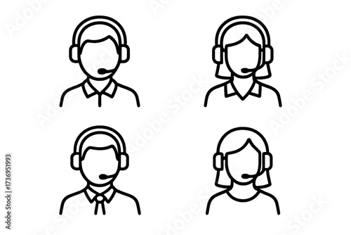 Call center customer support operator icon set. Man and woman agent with headset. Vector graphic element of assistant for helpdesk, telemarketing, hotline, online consultation.