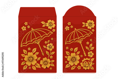 Chinese New Year 2026 lucky red envelope money packet. Golden paper cut art with umbrella & flowers. Traditional angpao for Asian holiday celebration gift vector illustration.