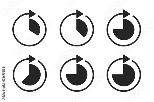 Set of timer and clock icons. Countdown progress with circle and arrow. Time management and deadline concept. Chronometer, watch, stopwatch symbols. Vector graphic element.