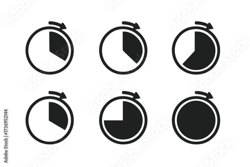 Timer icon set. Clock progress graphic element. Countdown vector collection. Circle with arrow. Stopwatch symbols. Time, watch, chronometer signs. Waiting, loading concept.