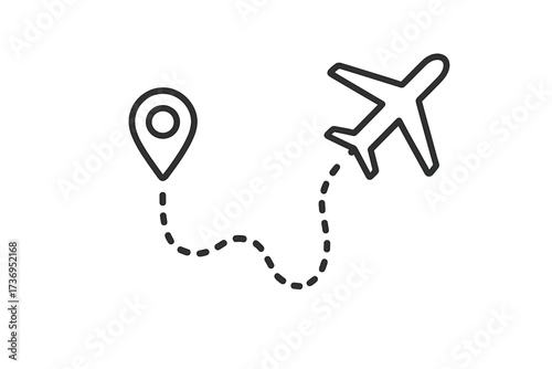 Plane flight route with dotted line path and location pin. Travel, tourism, vacation journey concept. Airplane track icon for transport, navigation, destination. Line vector.