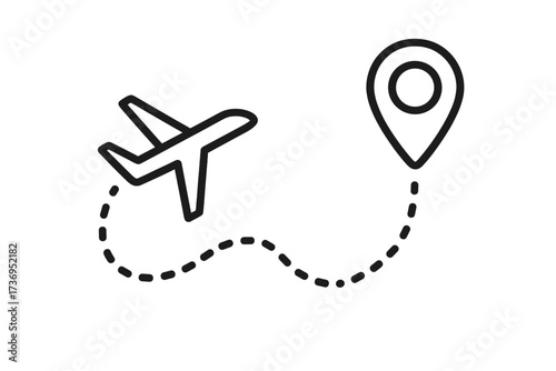 Plane flight route with dotted line and destination pin. Travel path icon. Airplane track to location point. Vector for vacation, tourism, business trip, navigation.