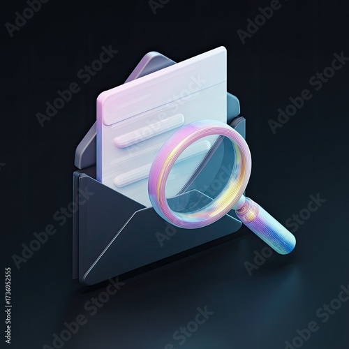3D stylized email icon with magnifying glass.  A dark envelope, containing light document,  is under scrutiny by a vibrant magnifying glass