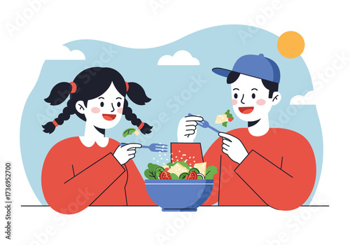 Two children enjoying a healthy salad outdoors, suitable for promoting healthy eating, family meals, summer activities, and nutrition education.