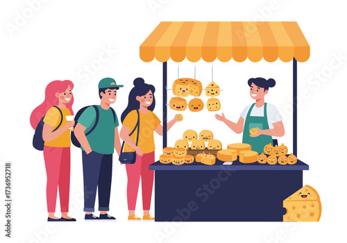 Food market scene with vendor selling pastries under awning suitable for food market, bakery, business concepts.