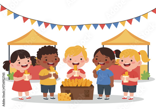 Children at a festival enjoy corn under tents with festive bunting. Suitable for summer event promotions or familyfriendly advertisements.