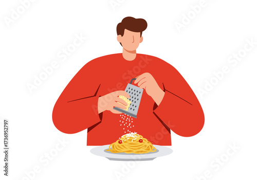 Man grating cheese on spaghetti ideal for food blogs, recipe websites, or cooking tutorials in need of vibrant graphics.