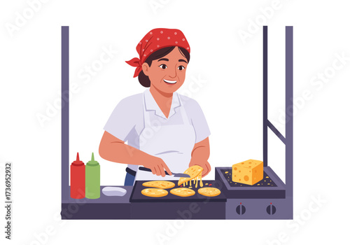 Woman cooking at a vibrant street food stall. Perfect for food blogs, travel brochures, culinary websites, and restaurant advertisements.