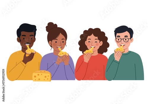 Four friends happily eating cheese by a large block, perfect for promoting a cheese brand, social gatherings, food blogs, or advertisements.