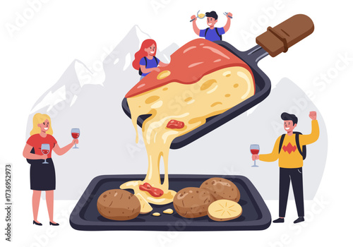 People enjoy raclette meal with potatoes and wine in the mountains. Perfect for food blogs, restaurant promotions, and travel websites.