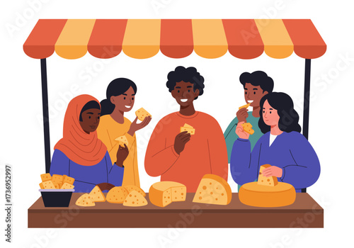 Diverse group trying cheese at outdoor market. Perfect for food blogs, culinary articles, multicultural concepts, and ethnic cuisine promotion.