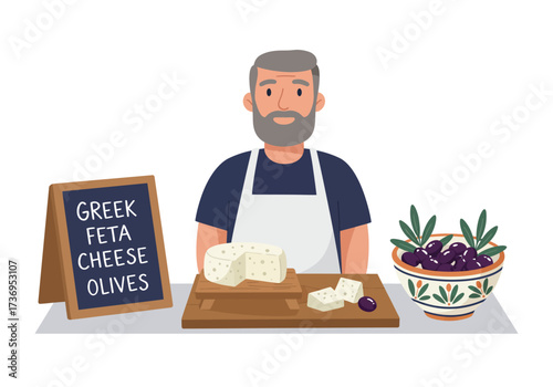 Man selling feta cheese, olives at market. Perfect for food blogs, advertisements, travel publications, mediterranean cuisine promotions, marketthemed designs.