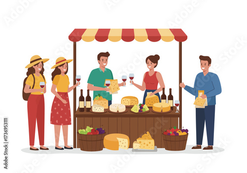 Outdoor market scene with people enjoying wine and cheese. Perfect for food, beverage, local market, and leisurethemed designs.