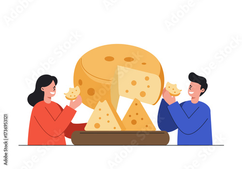 Two friends enjoy cheese from a wheel. Suitable for food blogs, culinary magazines, and social media posts about friendship and food.