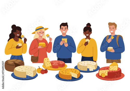 Group of diverse individuals sampling cheeses and fruits, suitable for food blogs, social media posts, culinary magazines, and advertising campaigns.