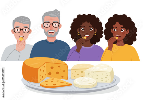 Group of four people enjoying a variety of cheese on a platter. Perfect for food blogs, restaurant menus, and culinary advertisements.
