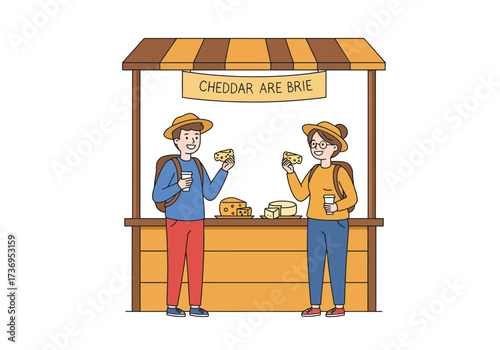 Two tourists enjoying cheddar and brie cheese at wooden market stall. Suitable for travel, food, tourism, culinary, market concepts.