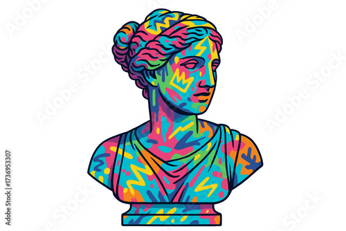 Antique female statue bust with colorful urban graffiti art. 90s street style. Contemporary art collage. Postmodern creativity concept. Mixed media pop art vector illustration.