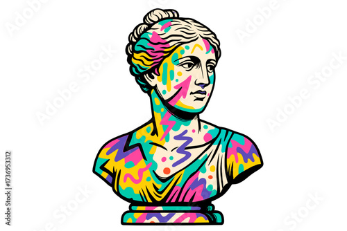 Antique female statue bust with vibrant graffiti art. 90s street style. Contemporary art collage. Postmodern creativity concept. Mixed media pop art illustration vector.