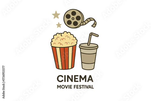 Cinema movie festival concept with popcorn, soda and film reel. Vector flat hand drawn illustration for ad, invitation, placard, banner or card. Cinematography graphic.