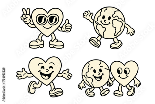Retro 70s cartoon mascot characters set. Groovy heart and planet earth holding hands. Love, peace and friendship concept for World Health Day or Earth Day greeting card design.