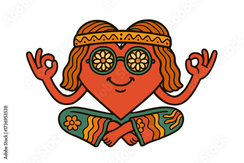 Groovy red heart character in lotus pose, a 70s hippie mascot meditating. Yoga for wellness, love and peace concept. Retro flower power cartoon vector for spiritual balance.
