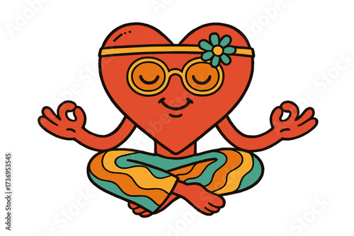 Groovy red heart character meditating in lotus pose. Retro 70s hippie mascot doing yoga for relaxation and peace. Concept for love, self-care, mental health and wellness.