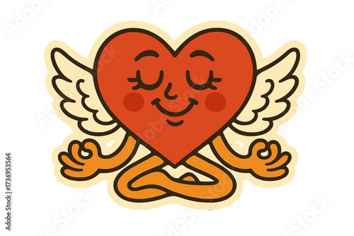 Meditating heart character in lotus pose. Retro groovy cartoon mascot. Yoga, relax, self-love concept. Mental health. Zen, spiritual, peace. 70s style vector sticker print.