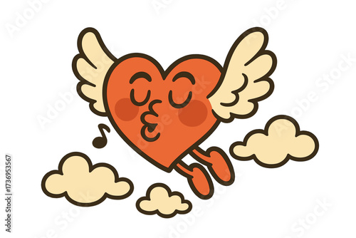 Groovy heart character mascot with wings flying in the clouds. Retro vintage 70s cartoon for Valentine's day. Love and romance concept. Whistling cute lovely emotion vector.