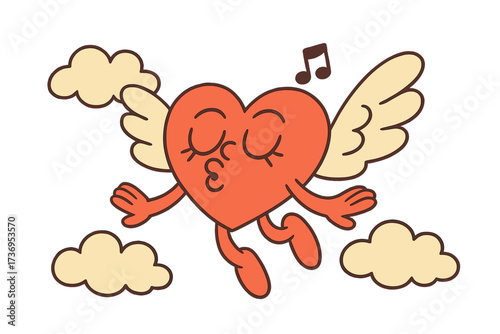 Groovy heart character flying in clouds. Love mascot with wings whistling a song. Happy Valentines day card concept in trendy retro 60s 70s cartoon sticker vector style.