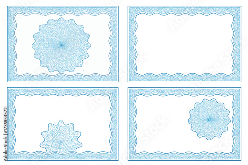 Set of gift certificate voucher templates. Guilloche pattern background for banknote, currency, money design. Secure border for award, diploma, coupon, check, note, ticket.
