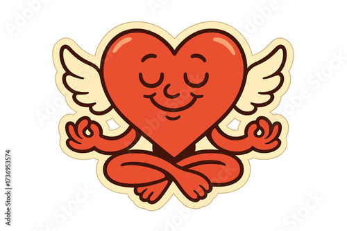 Groovy retro cartoon heart character meditating in lotus position. Winged love mascot for self-care, mindfulness, and zen. Valentine's Day sticker concept in 60s 70s style.