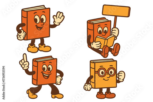 Groovy retro book character mascot set. Collection of vintage 70s cartoon mascots for reading, library, book festival or school. Cute comic characters with gloved hands.