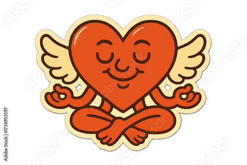 Groovy retro heart character meditating in lotus position. Winged mascot for self-care, yoga, and love. Vintage 70s cartoon sticker for mindfulness and peace concept.