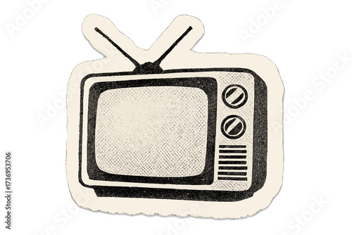 Retro TV paper sticker. Halftone collage element in vintage magazine style. Old television vector with cutout shape. Analog media broadcast, screen entertainment concept.
