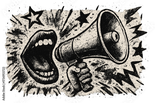 Halftone grunge shouting mouth and loudspeaker. Concept of protest, announcement, sale or promotion. Hand drawn vintage collage with graffiti elements. Retro vector poster design.