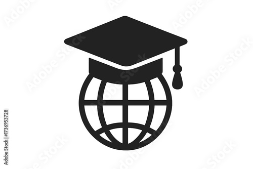 Graduation hat on globe icon. Global education, online learning, e-learning concept. Mortarboard symbol for international university, academic degree, study abroad, knowledge.