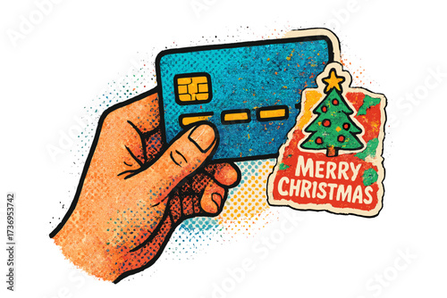 Hand holding credit card for Christmas holiday shopping. Online payment, consumerism, and spending concept. Retro vector illustration in halftone, mixed media collage style.
