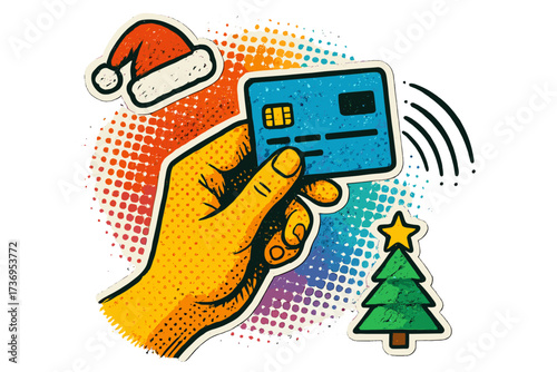 Hand holding credit card for Christmas shopping. Contactless online payment for holiday gifts. Xmas sale and consumerism concept. Vector illustration pop art sticker collage.