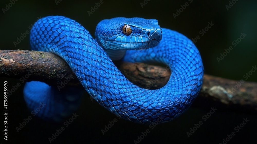 Fototapeta premium A vibrant blue viper coiled elegantly on a dark branch, striking and exotic.