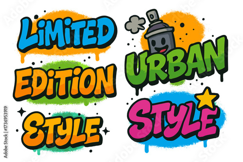 Limited edition urban style graffiti slogan. Y2K street art typography print. Hipster graphic sprayed lettering for tee t-shirt. Vector illustration with cartoon spray can.