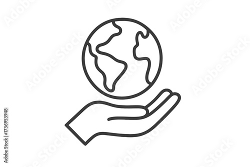 Hand holding planet Earth line icon. Concept for environment, ecology, sustainability, conservation, support. Save the planet. World community, global union, peace and freedom.