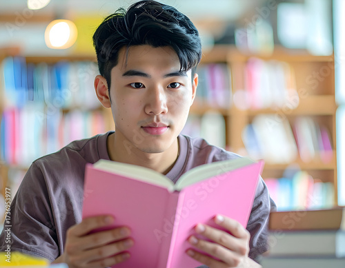 Young Asian man studying in a library, holding an open pink book, looking at camera. Represents education, learning, student life, and knowledge.