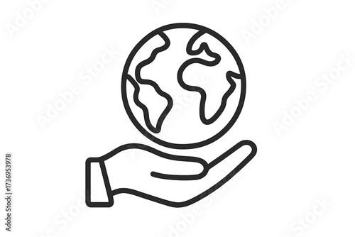 Hand holding planet Earth globe. Thin line vector icon. Concept for environment awareness, ecology, nature conservation, sustainability, travel, freedom, and globalization.