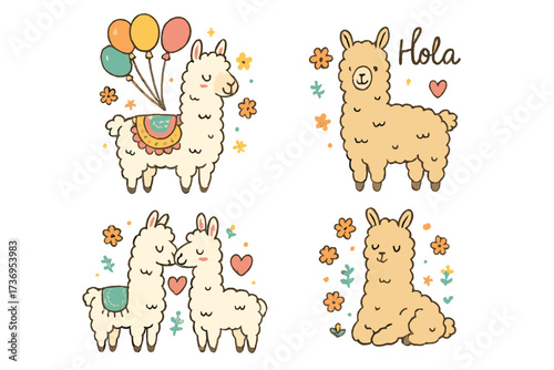 Cute llama and alpaca cartoon collection. Hand-drawn vector character set for nursery design, posters, or kids' greeting cards. Adorable animal couple in love and with balloons.