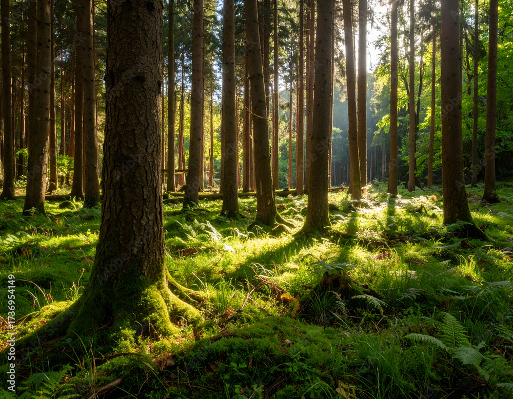 Fototapeta premium Golden sunlight filters through tall trees onto a vibrant green forest floor covered in moss and ferns, creating a serene natural landscape.